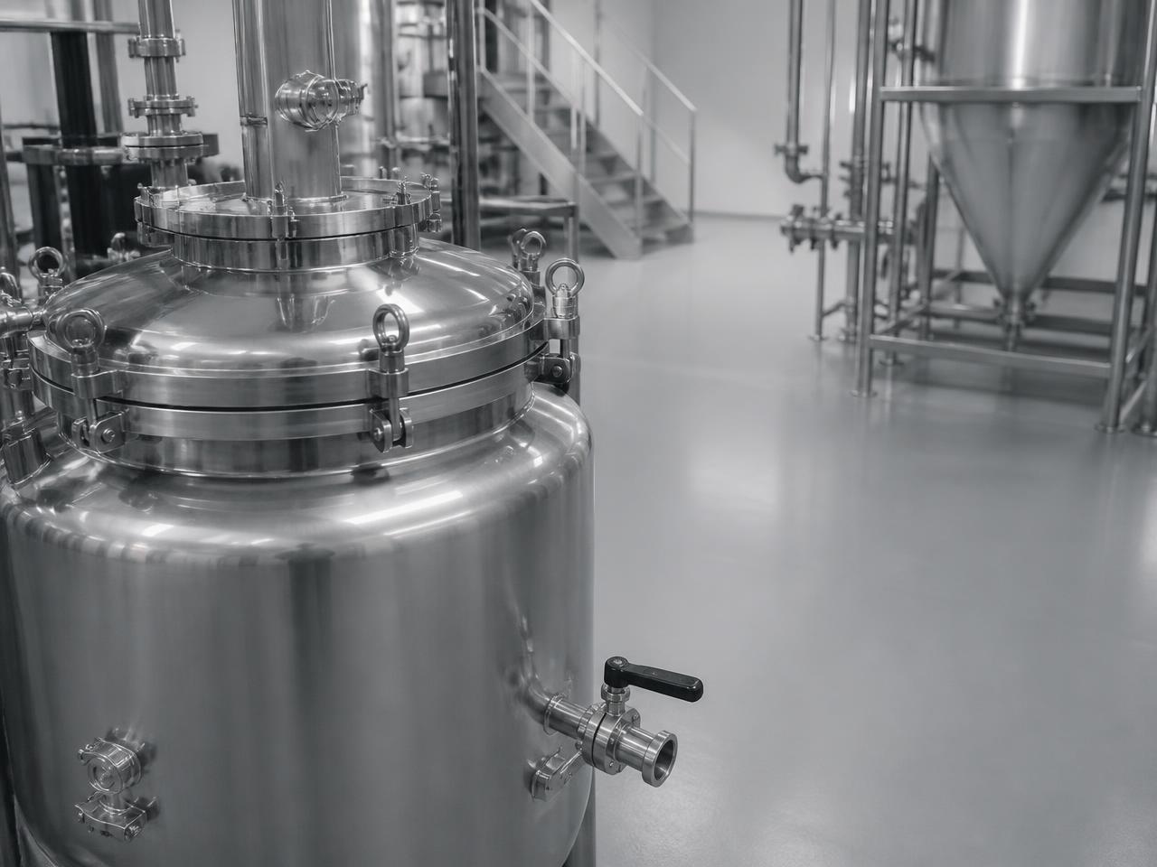 Edelstahl-Mischbehälter mit Ventilarmaturen in der Produktion