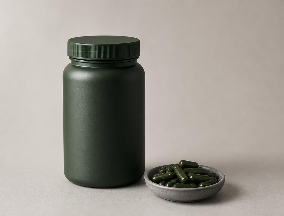 Dunkelgrüne matte Kapseldose ohne Beschriftung auf einer Tischfläche, daneben eine Schale mit Kapseln